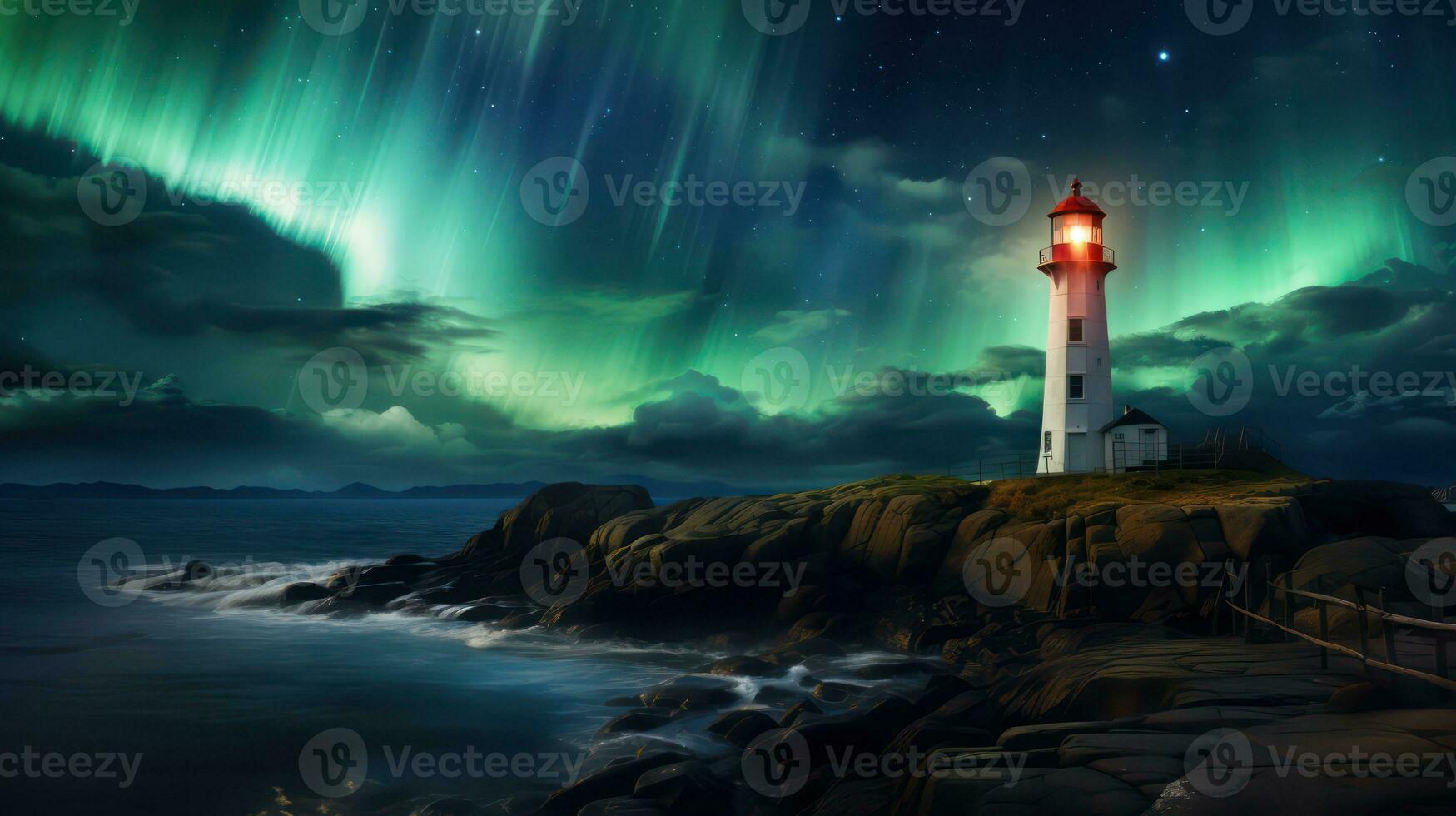AI generated Burning lighthouse and northern Lights in the sky. Generative AI photo