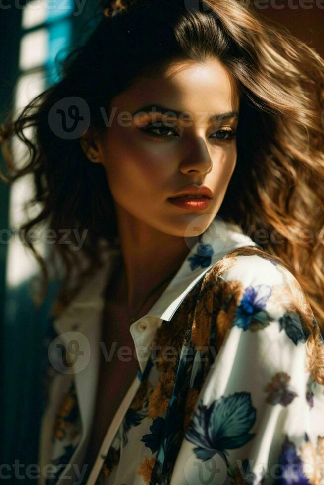 AI generated Stunning beautiful young woman with high contrast shadow and fashionable style photo