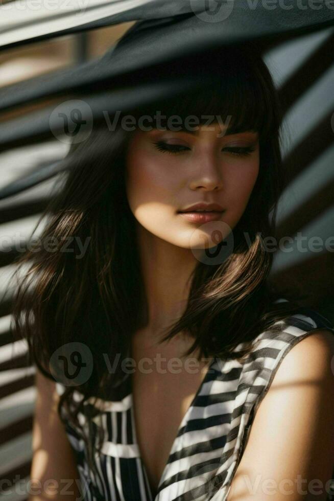 AI generated Stunning beautiful young woman with high contrast shadow and fashionable style photo