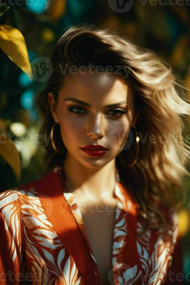 AI generated Stunning beautiful young woman with high contrast shadow and fashionable style photo