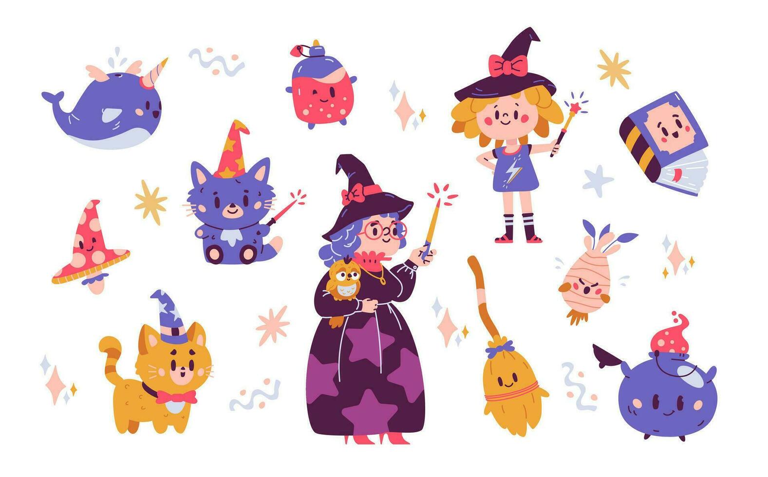 Magic cute characters and witchcraft flat vector illustrations set. Little and elderly witches, cats, cauldron, magic book, broomstick, potion, mushroom.