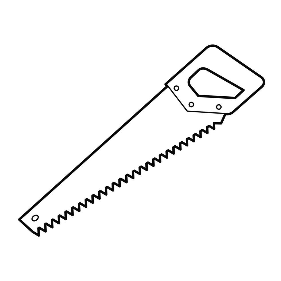 Hand saw on wood for sawing boards. Saw for construction and repair. Design element. Black and white outline illustration vector