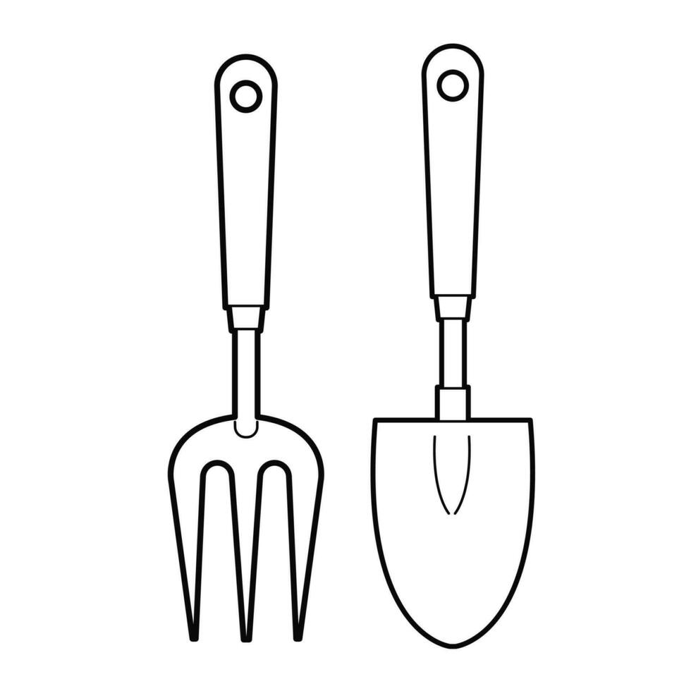 Garden shovel and loosening fork. Garden tool and equipment. Design element. Outline illustration Isolated on white background. vector