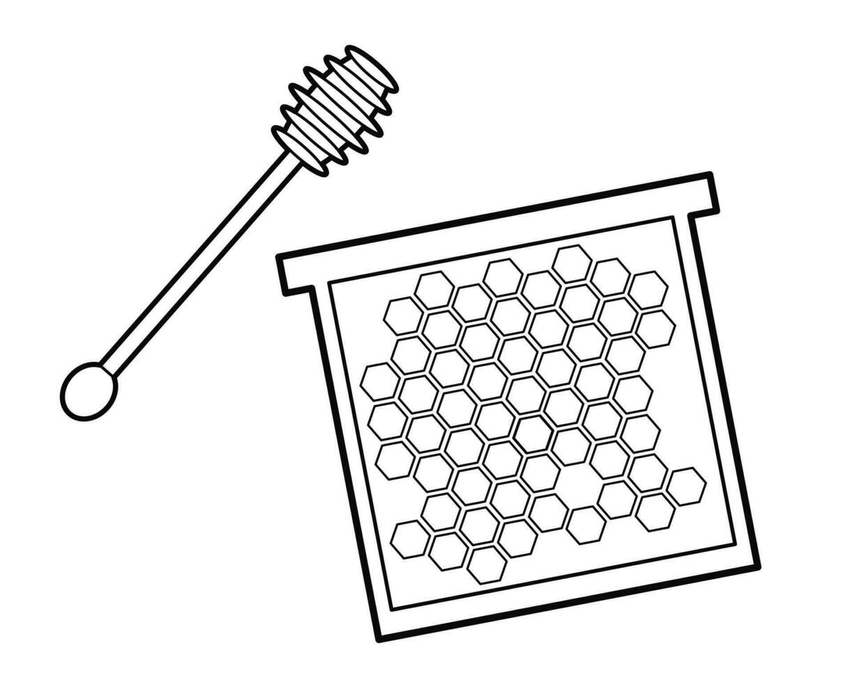 Honeycombs frame with honey and wooden spoon for honey. Beekeeping, healthy food. Design element. Black and white illustration Isolated on white background. vector