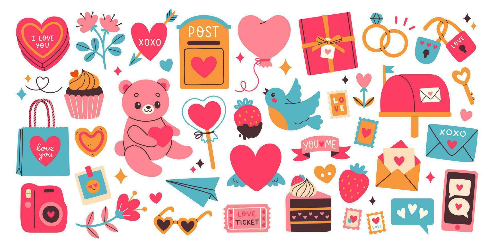 Cute set of romantic elements for Valentines day. Hearts, sweets, flowers, cupcakes, gifts and other cute items. Vector illustrations for valentines day, stickers, greeting cards, etc.