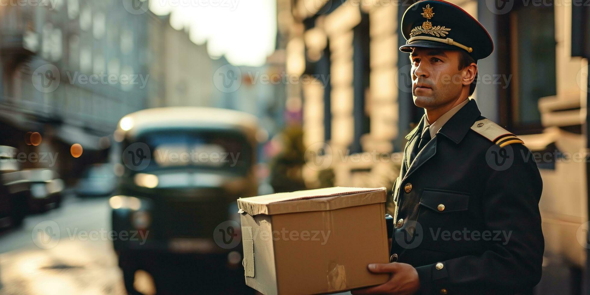 AI generated a man in uniform holding a box with a truck in the background, generative AI photo