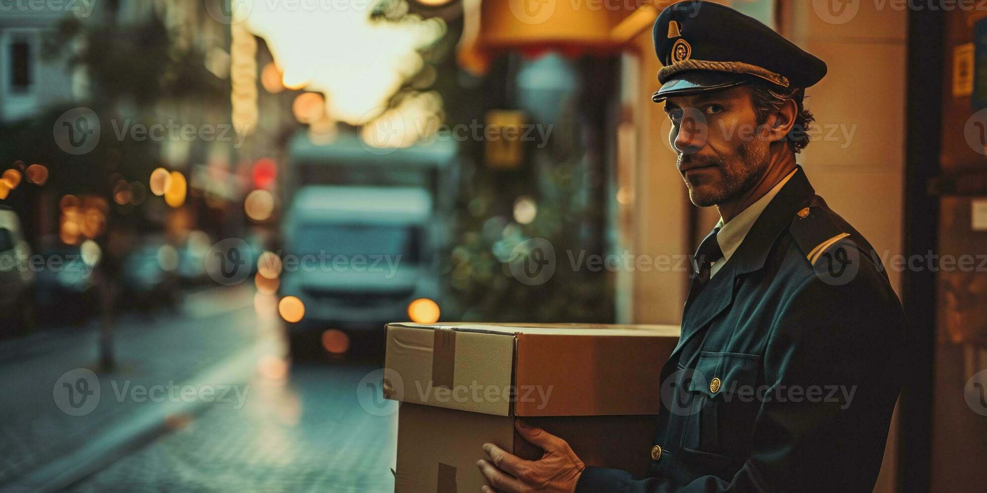 AI generated a man in uniform holding a box with a truck in the background, generative AI photo