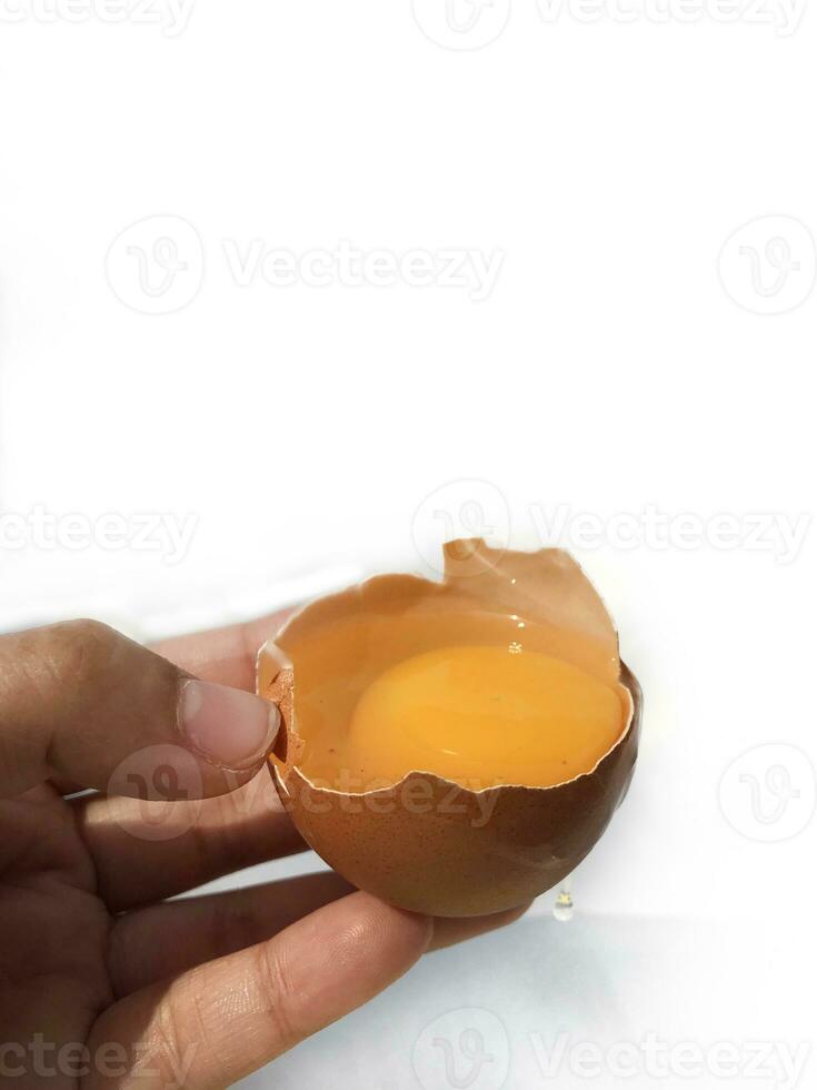 A woman's hand cracks an egg to separate the egg white and yolk and the egg shell in the background. photo