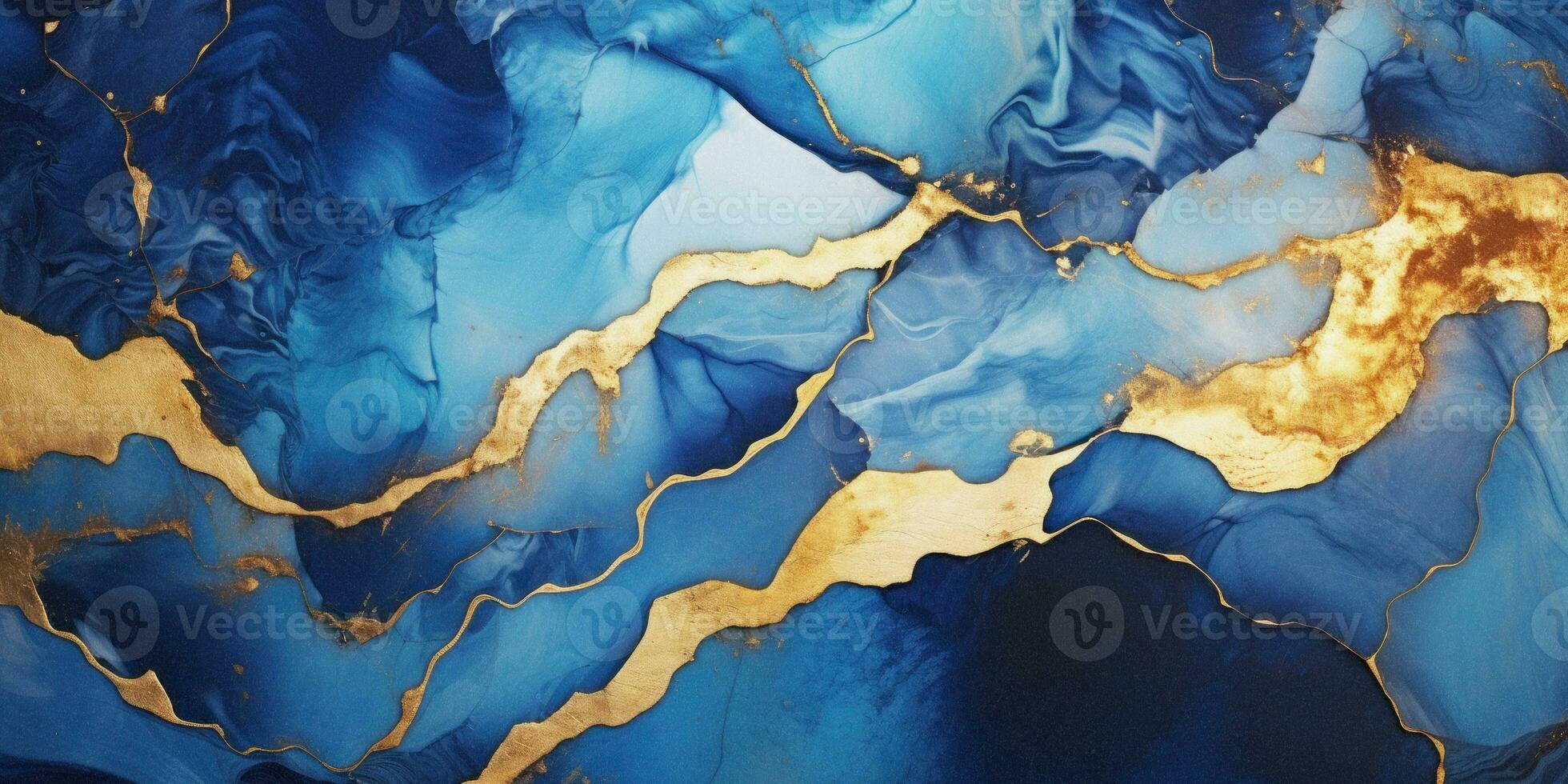 AI generated Abstract blue marble texture with gold splashes, blue luxury background. photo