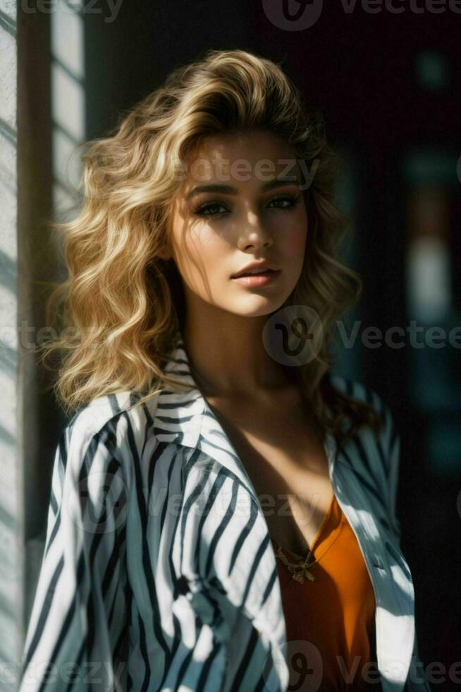 AI generated Stunning beautiful young woman with high contrast shadow and fashionable style photo