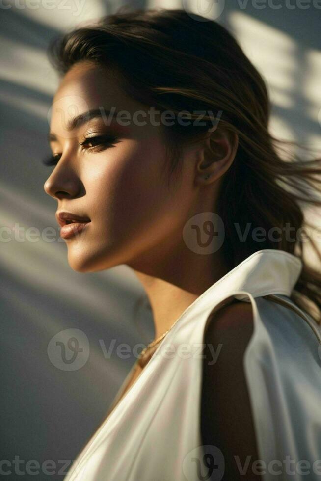 AI generated Stunning beautiful young woman with high contrast shadow and fashionable style photo