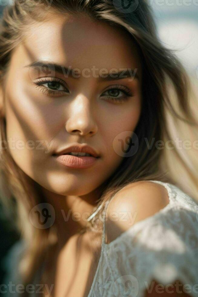 AI generated Stunning beautiful young woman with high contrast shadow and fashionable style photo