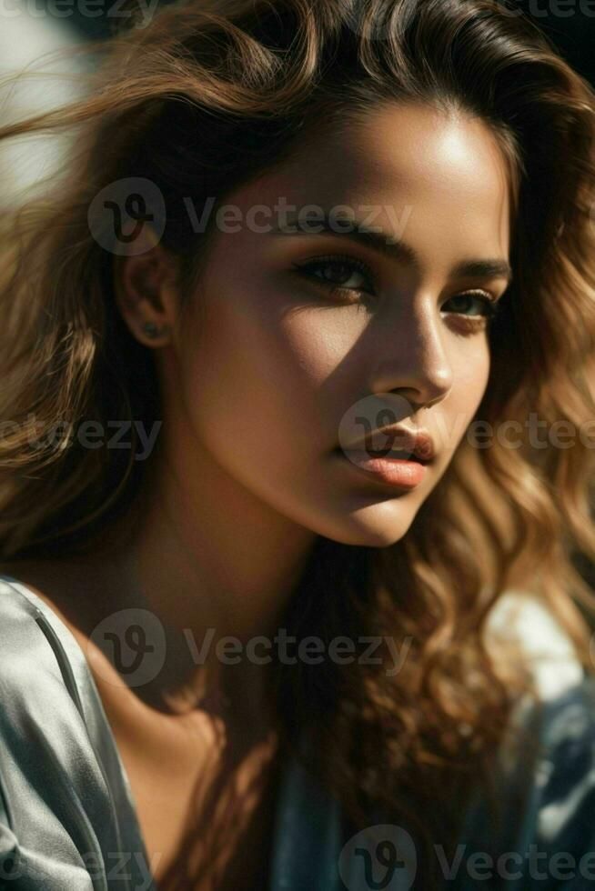 ai generado maravilloso hermosa joven mujer con alto contraste sombra y de moda estilo foto