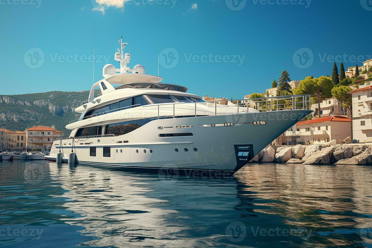 AI generated White Yacht Stopping at Harbor with Nature View photo