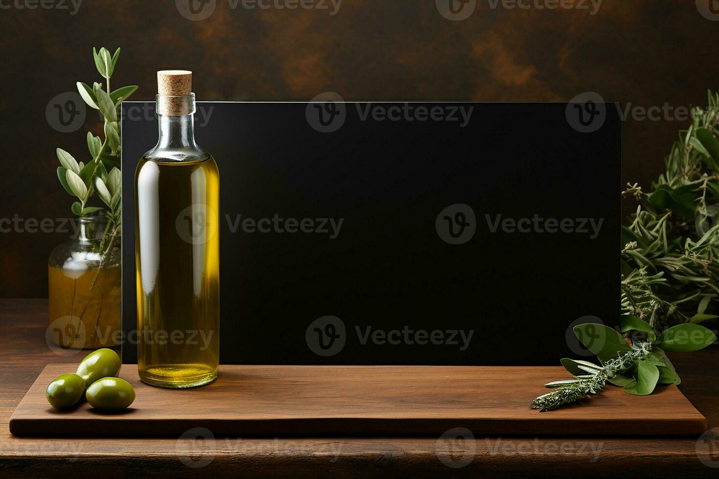 AI generated Empty Black Paper Card with Olive Oil in Bottle photo