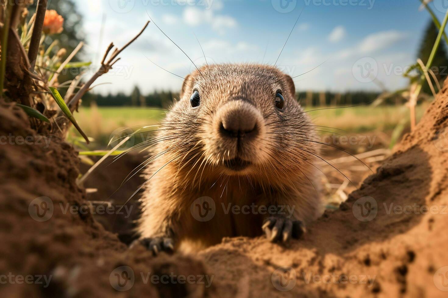 AI generated Cute Groundhog Hiding in the Ground photo