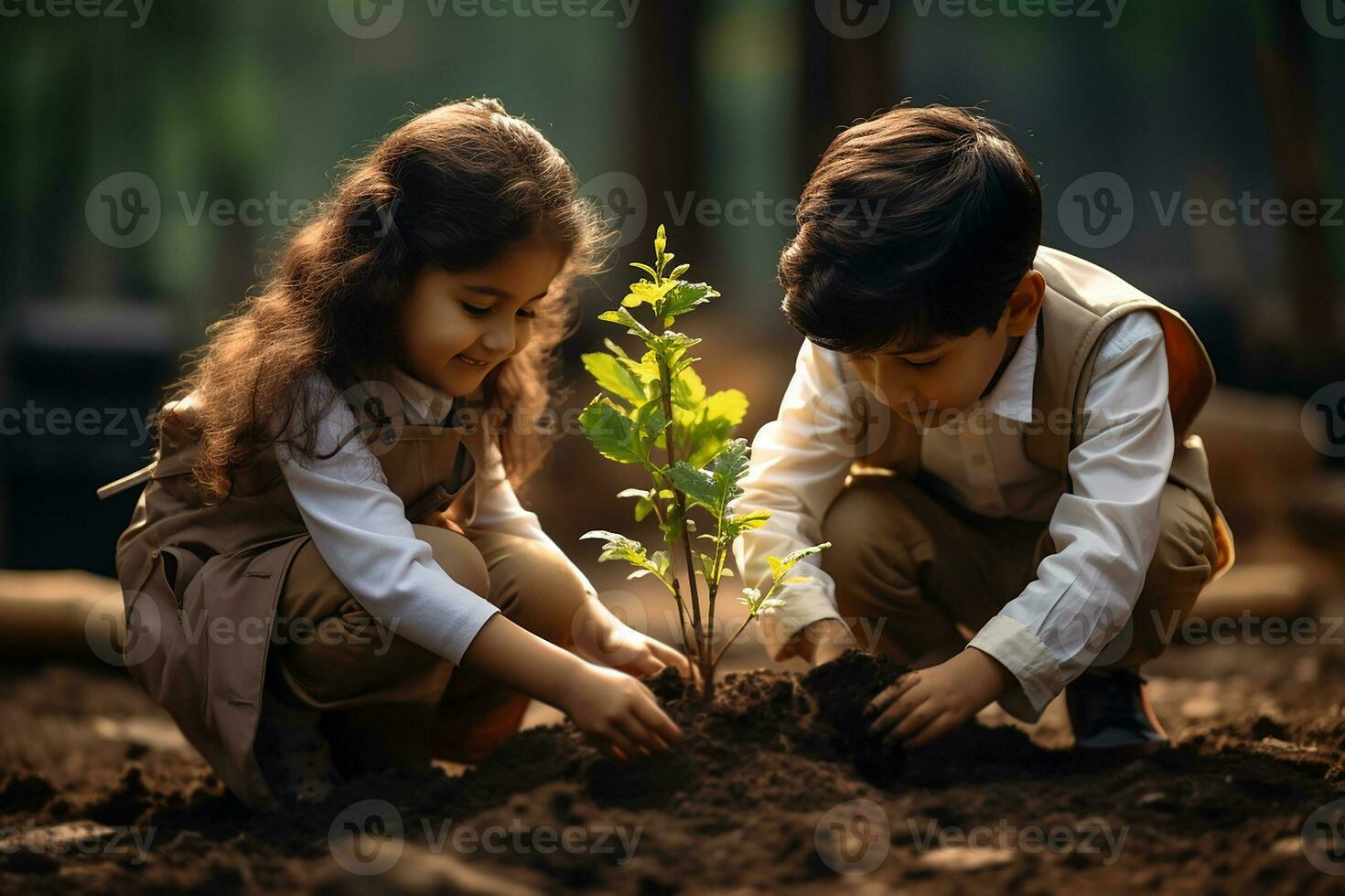 AI generated Children Planting Green Plant in the Ground photo