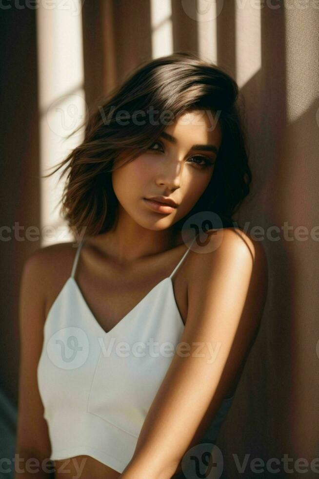 AI generated Stunning beautiful young woman with high contrast shadow and fashionable style photo