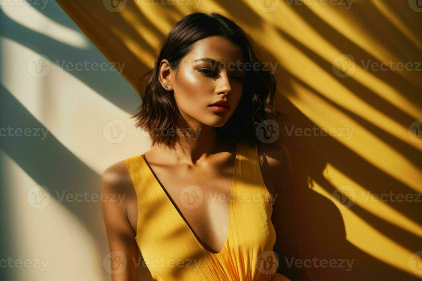 AI generated Stunning beautiful young woman with high contrast shadow and fashionable style photo