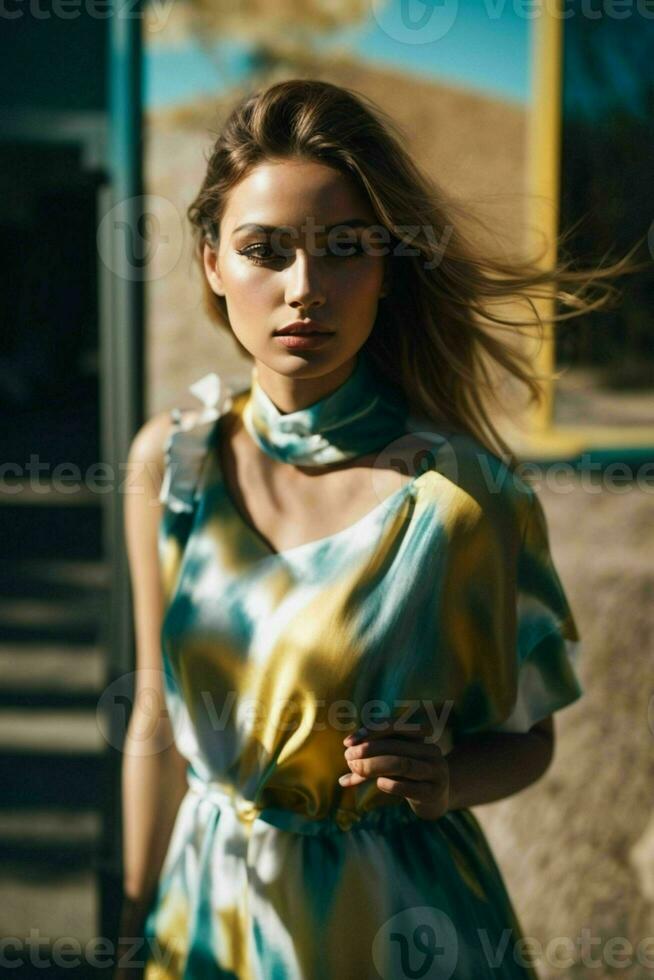 ai generado maravilloso hermosa joven mujer con alto contraste sombra y de moda estilo foto