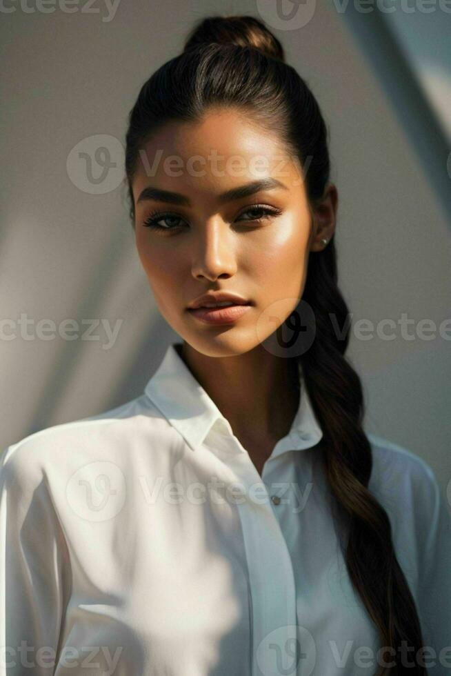 AI generated Stunning beautiful young woman with high contrast shadow and fashionable style photo