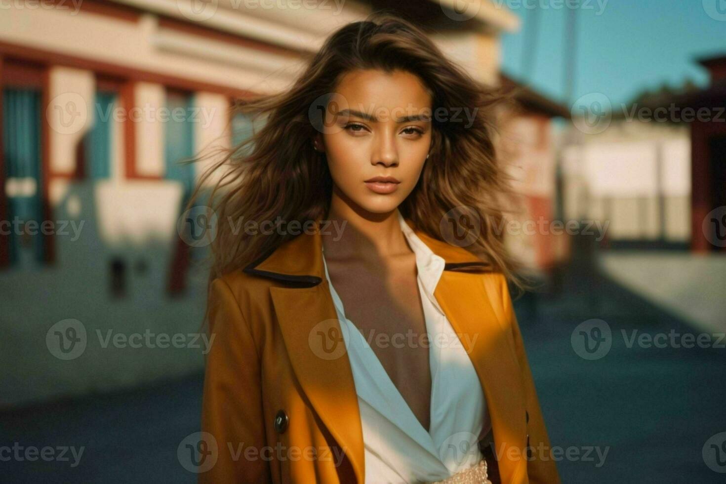 AI generated Stunning beautiful young woman with high contrast shadow and fashionable style photo