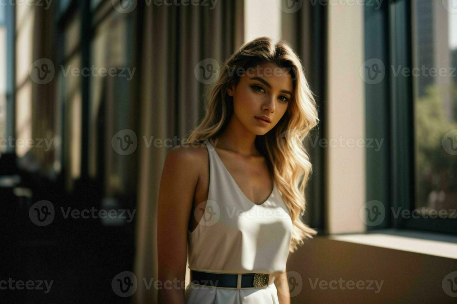 AI generated Stunning beautiful young woman with high contrast shadow and fashionable style photo