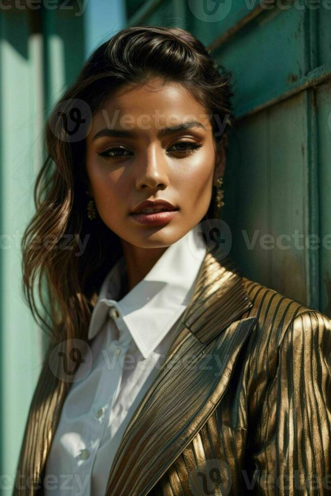 AI generated Stunning beautiful young woman with high contrast shadow and fashionable style photo