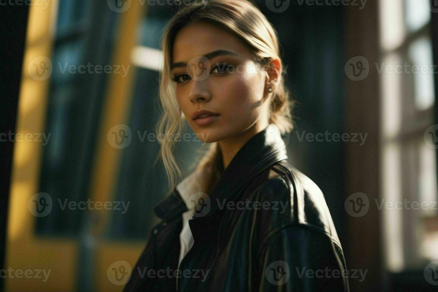 AI generated Stunning beautiful young woman with high contrast shadow and fashionable style photo
