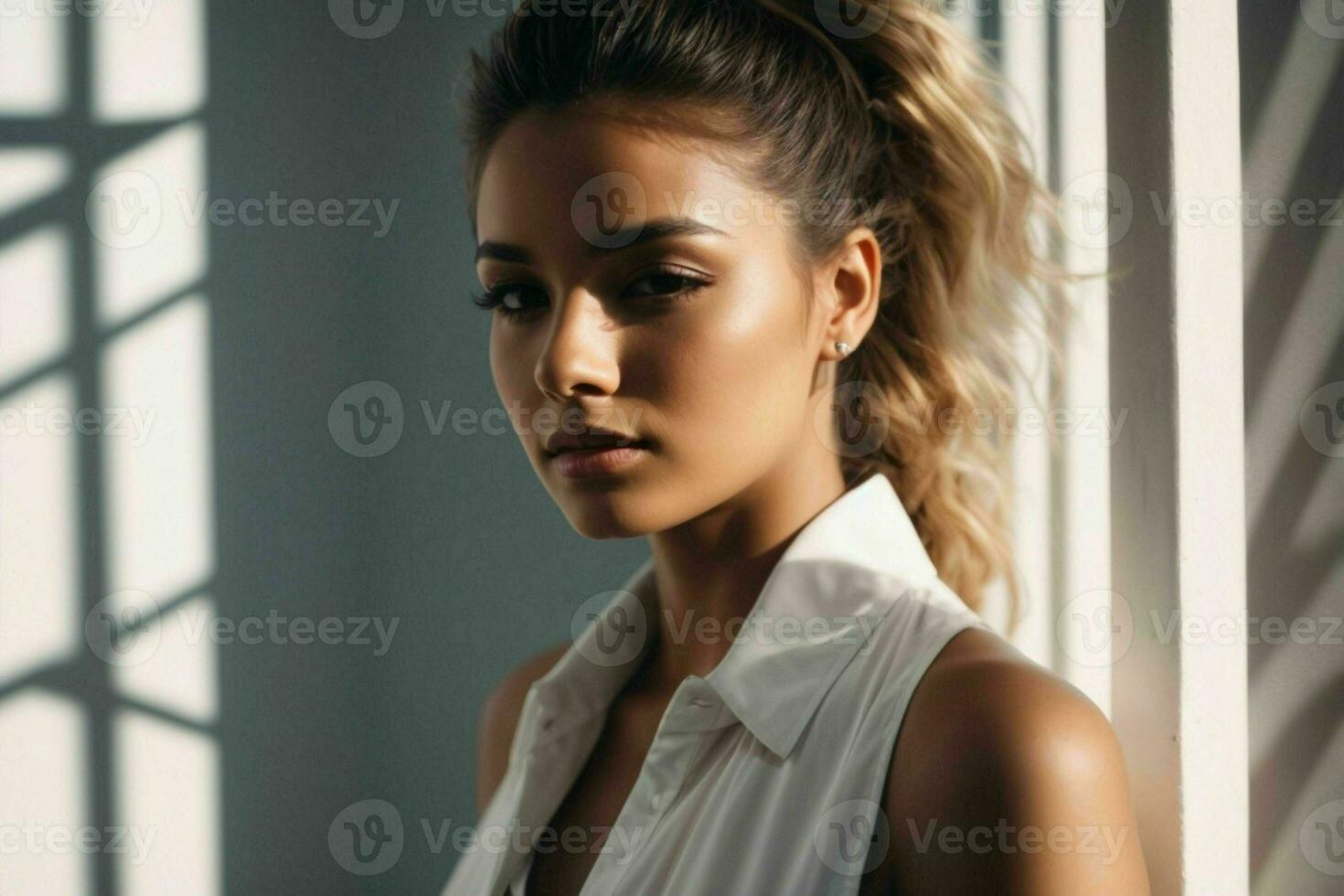 AI generated Stunning beautiful young woman with high contrast shadow and fashionable style photo