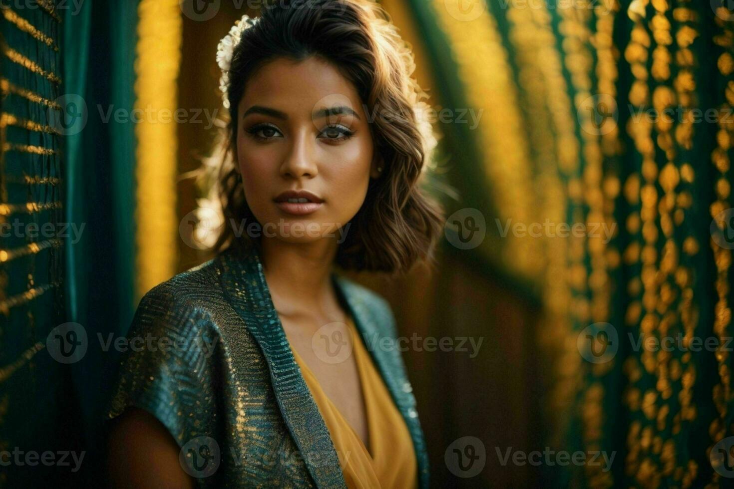 AI generated Stunning beautiful young woman with high contrast shadow and fashionable style photo