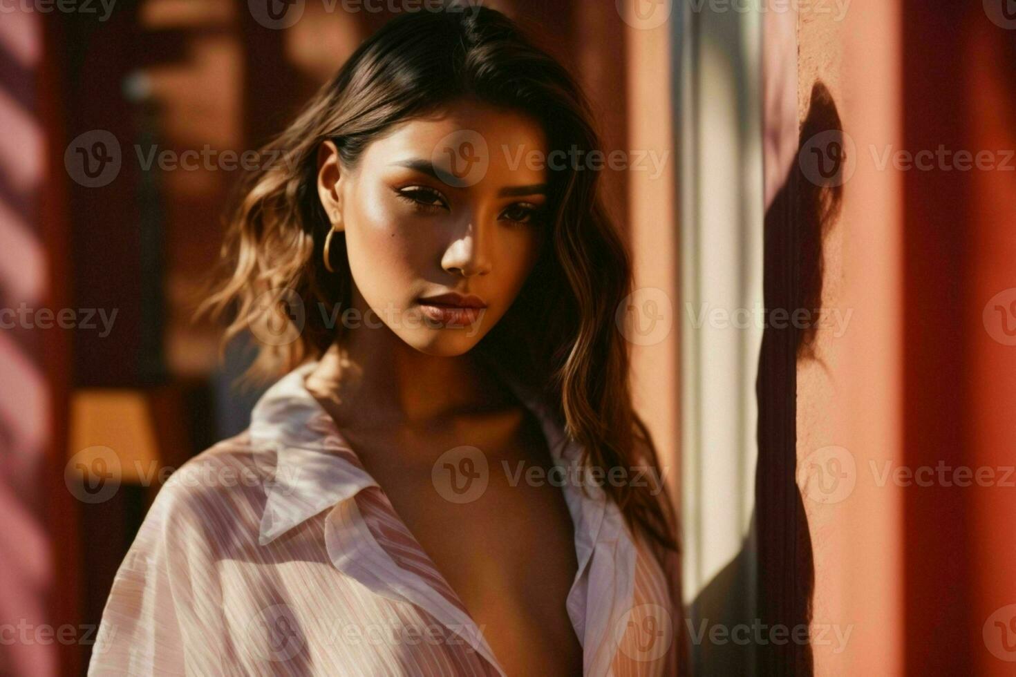 AI generated Stunning beautiful young woman with high contrast shadow and fashionable style photo