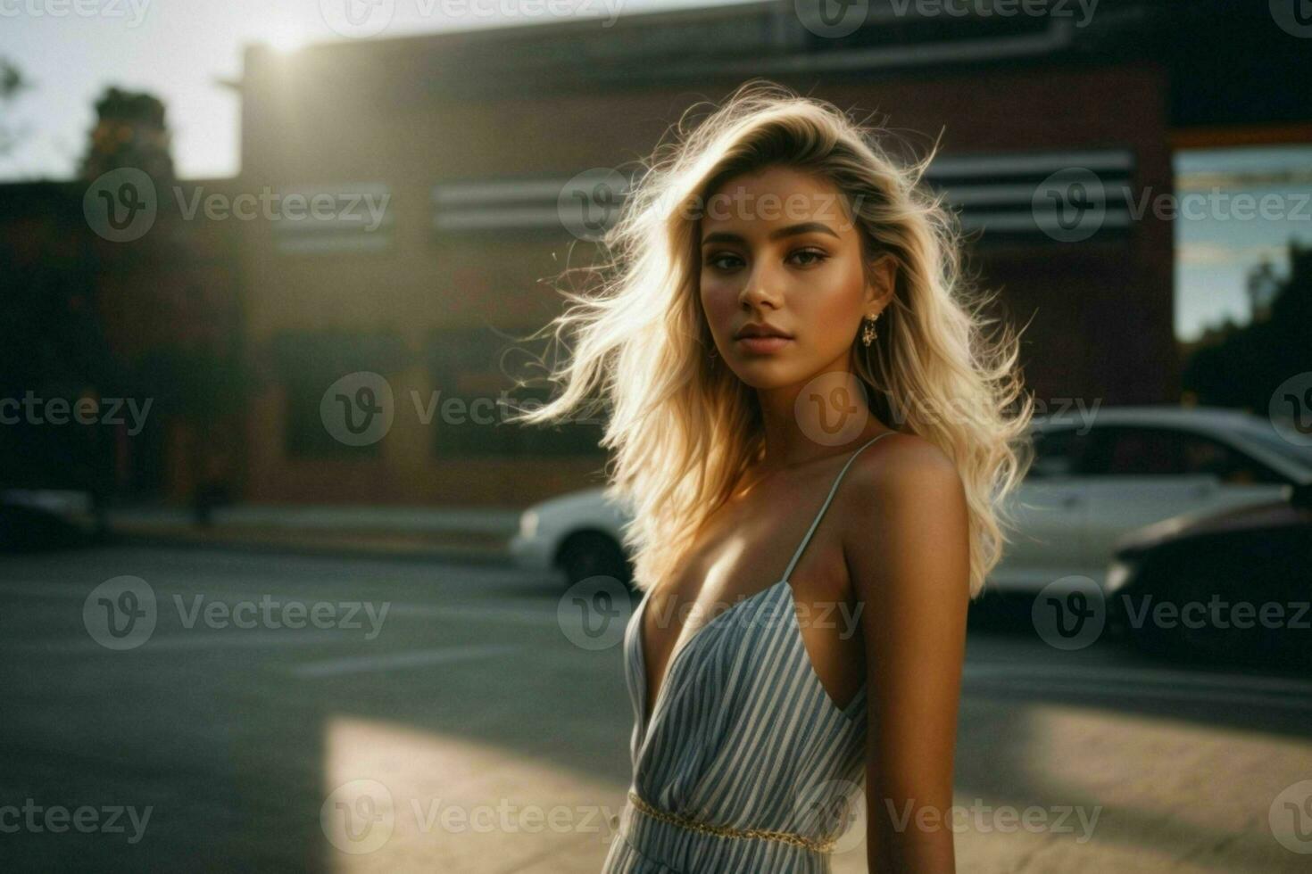 AI generated Stunning beautiful young woman with high contrast shadow and fashionable style photo