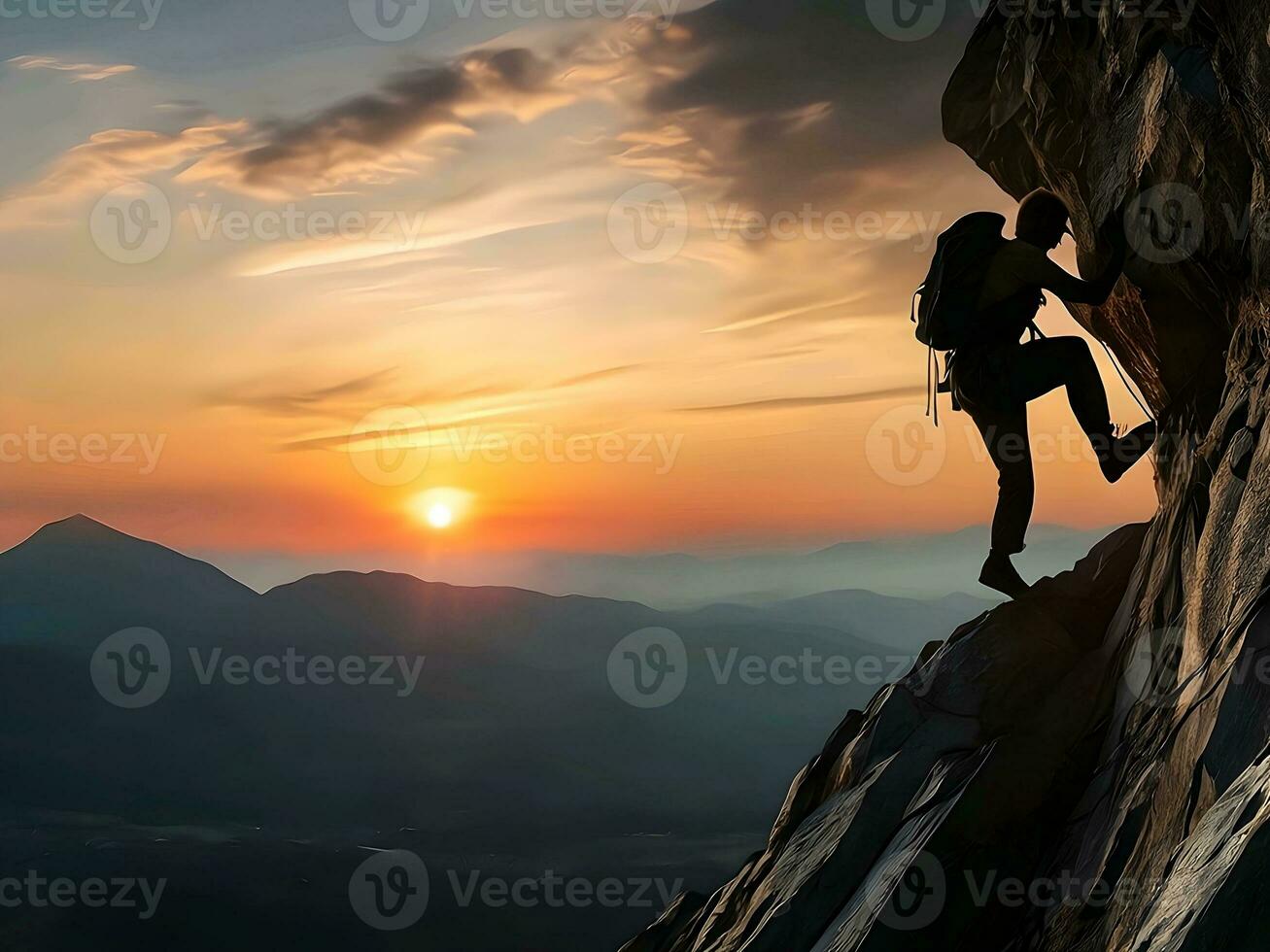 ai generado silueta de un montaña trepador con un puesta de sol escena como el antecedentes foto