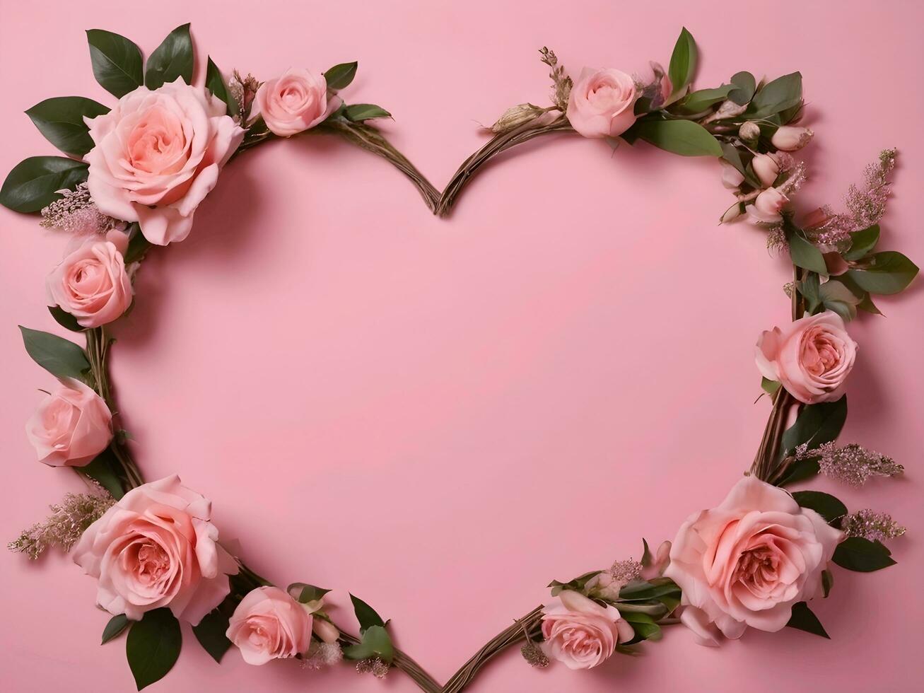 AI generated heart frame with flower garland on pink background photo