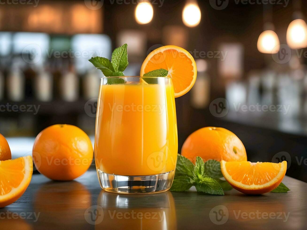 AI generated close-up of a glass of orange juice photo