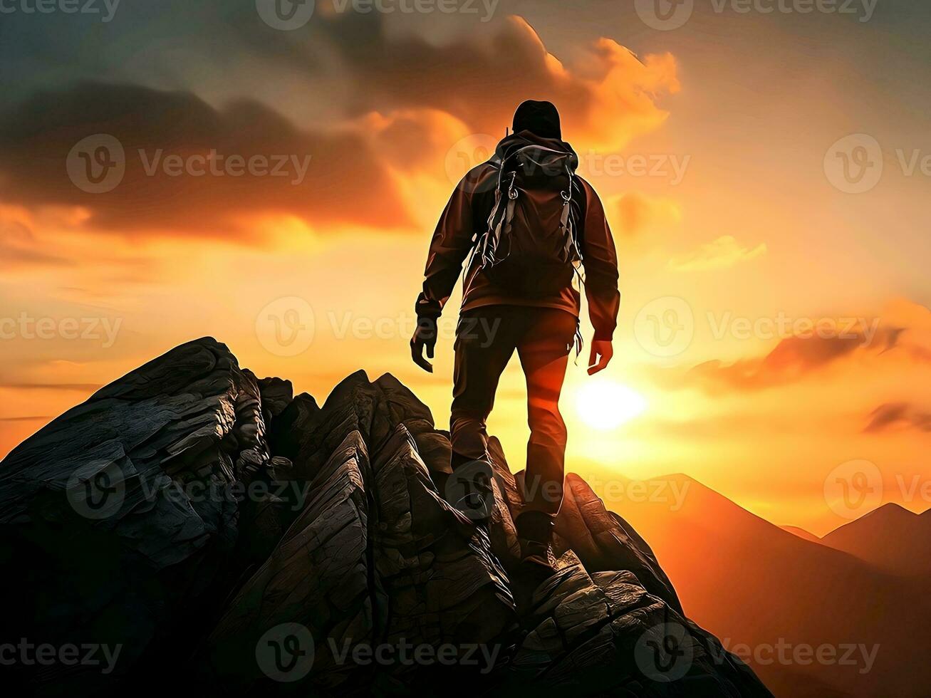 AI generated silhouette of a mountain climber with a sunset scene as the background photo