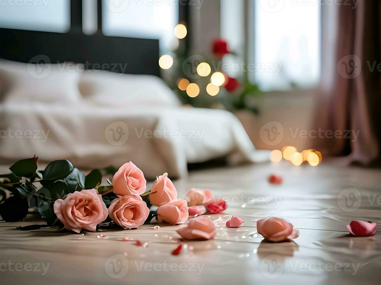 AI generated close-up detailed portrait of pink roses on the floor with a blurred bed background photo