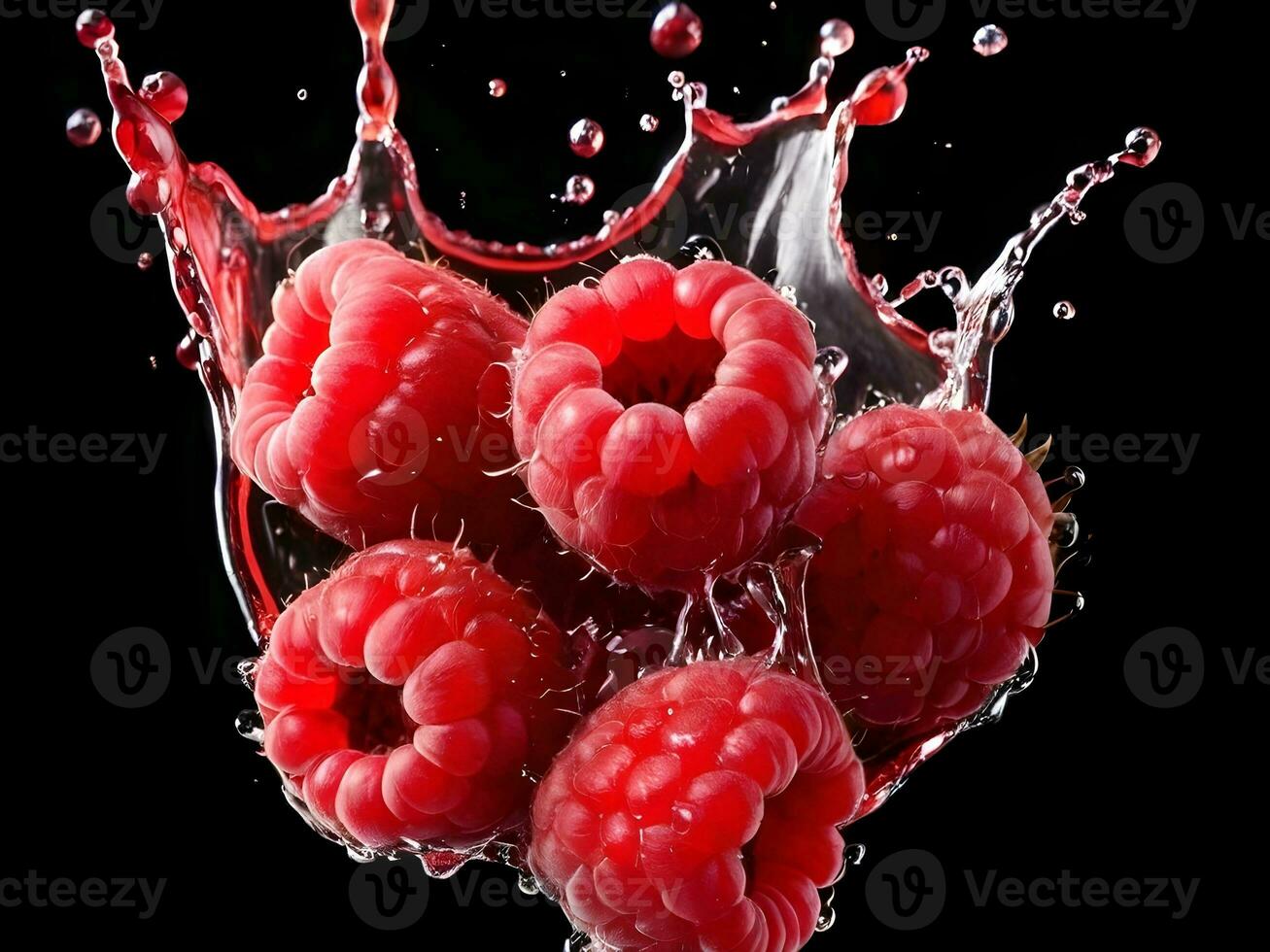 AI generated close-up portrait of raspberries with splashes of water photo