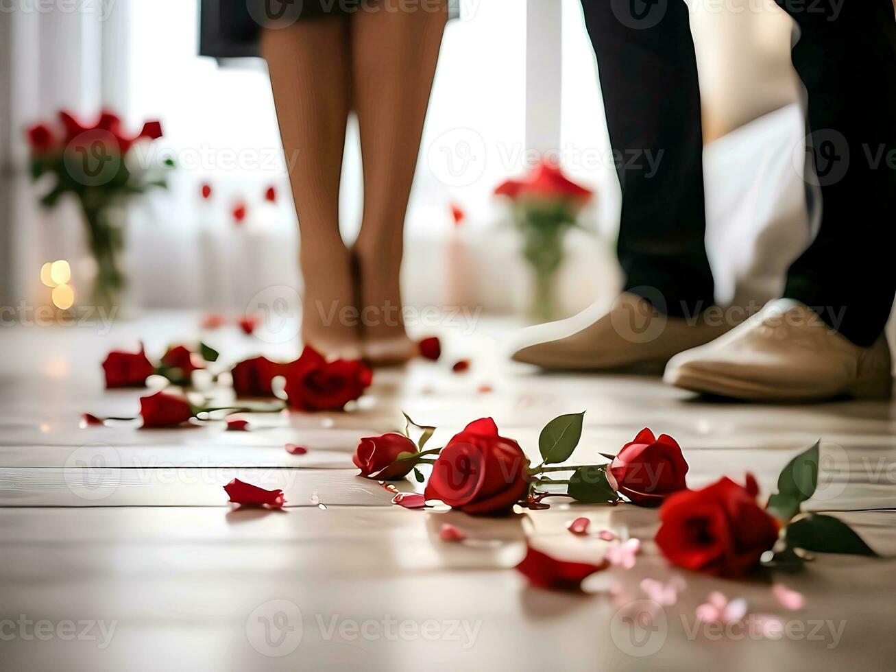 AI generated close-up detailed portrait of roses on the floor with a blurry bed in the background photo