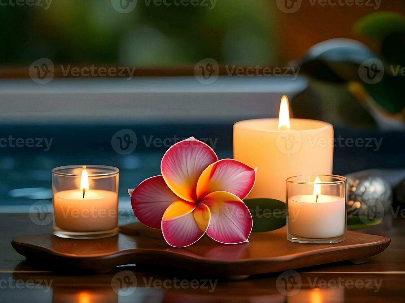 AI generated close-up detailed portrait of frangipani flowers and candles photo