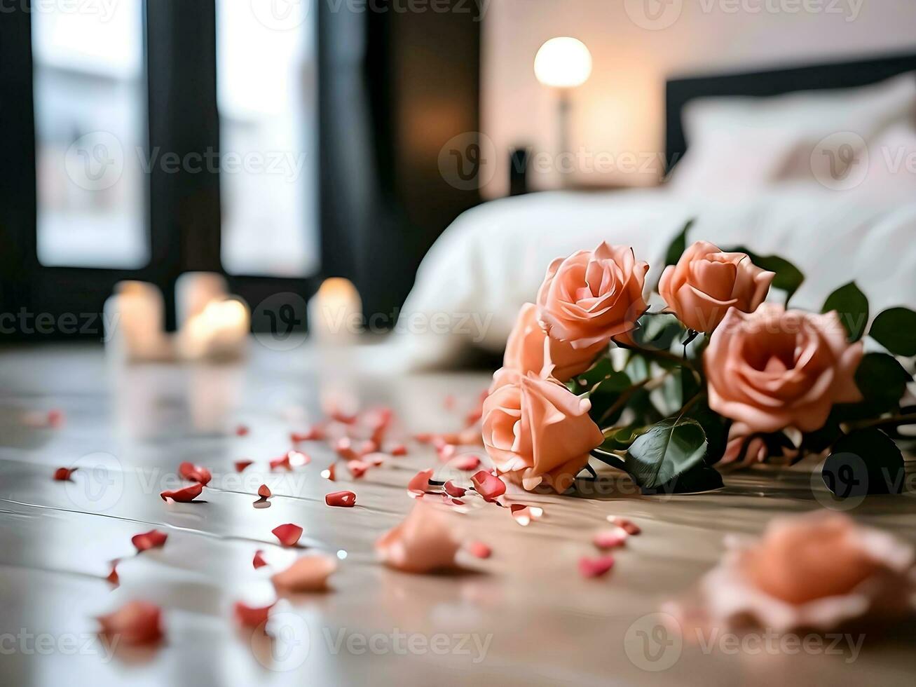 AI generated close-up detailed portrait of pink roses on the floor with a blurred bed background photo