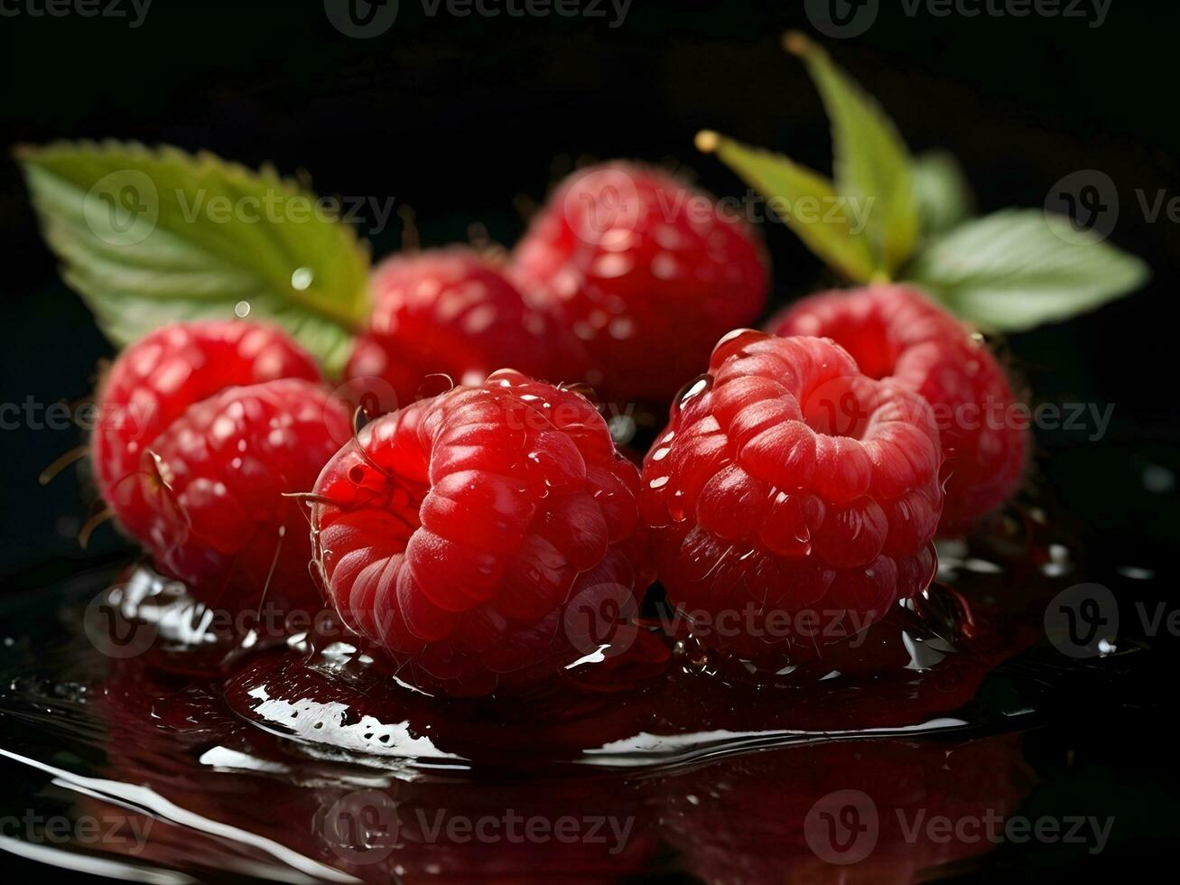 AI generated close-up portrait of raspberries with splashes of water photo