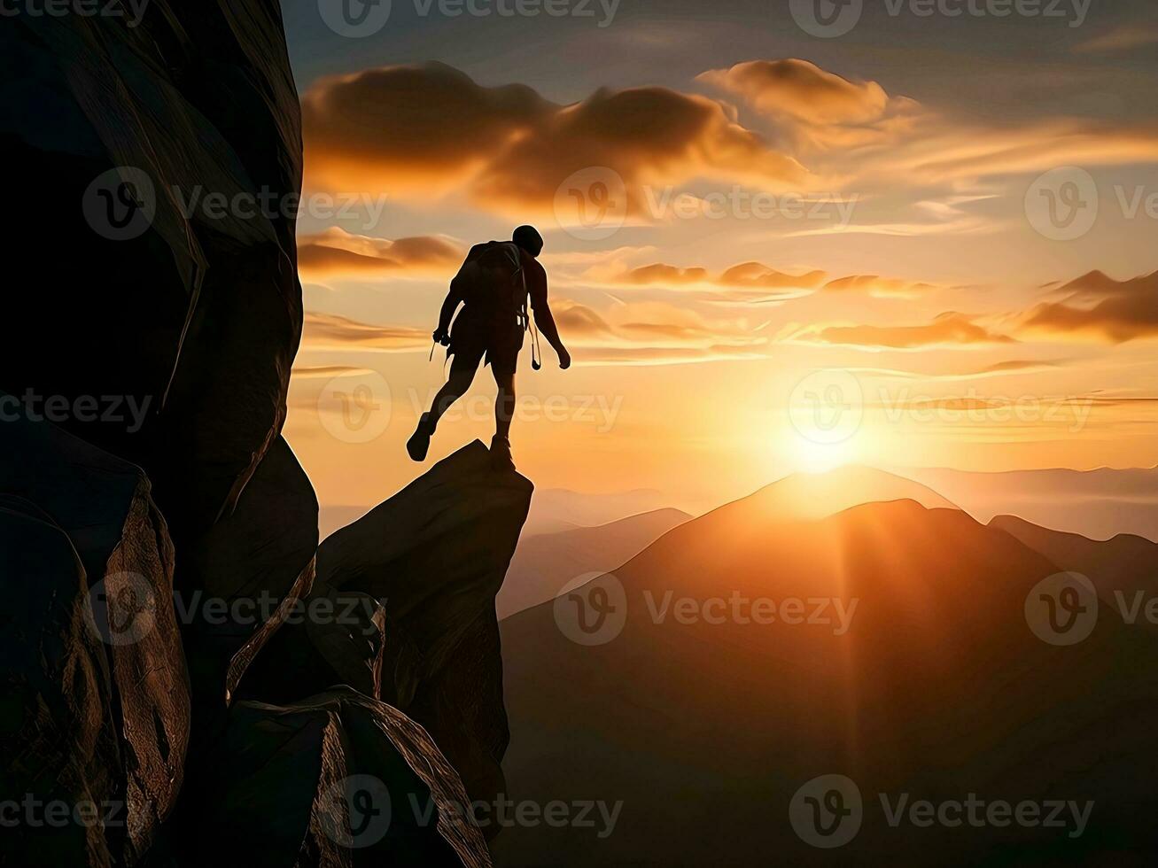 AI generated silhouette of a mountain climber with a sunset scene as the background photo