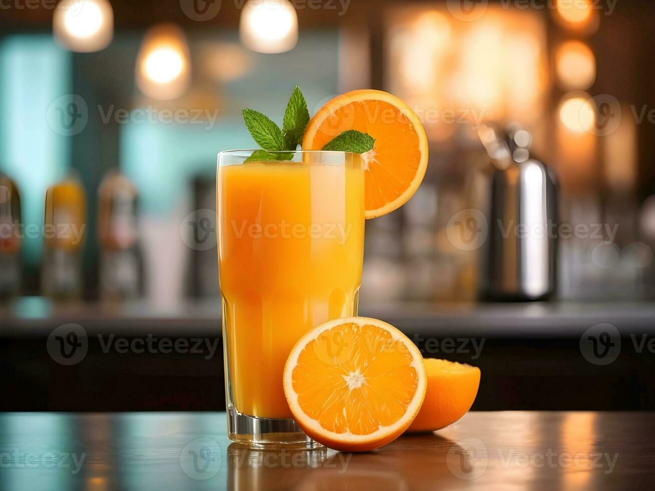 AI generated close-up of a glass of orange juice photo