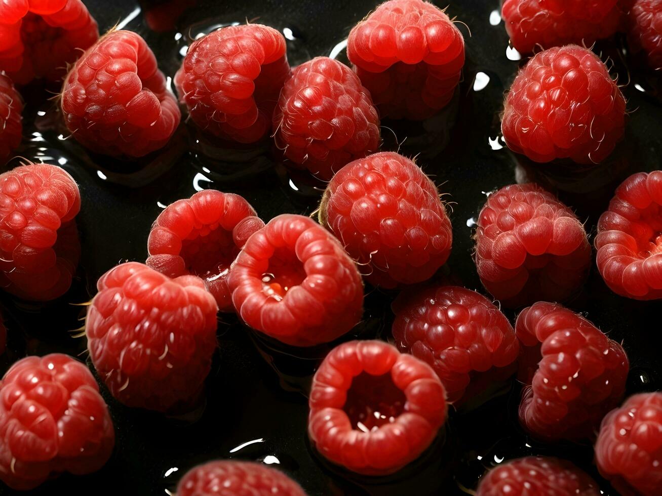 AI generated portrait of raspberries with water splashes photo