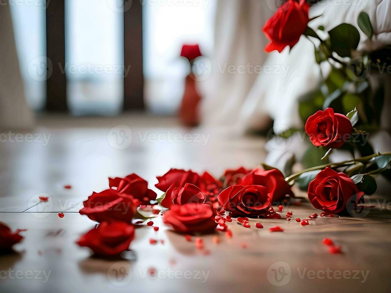 AI generated close-up detailed portrait of roses on the floor with a blurry bed in the background photo