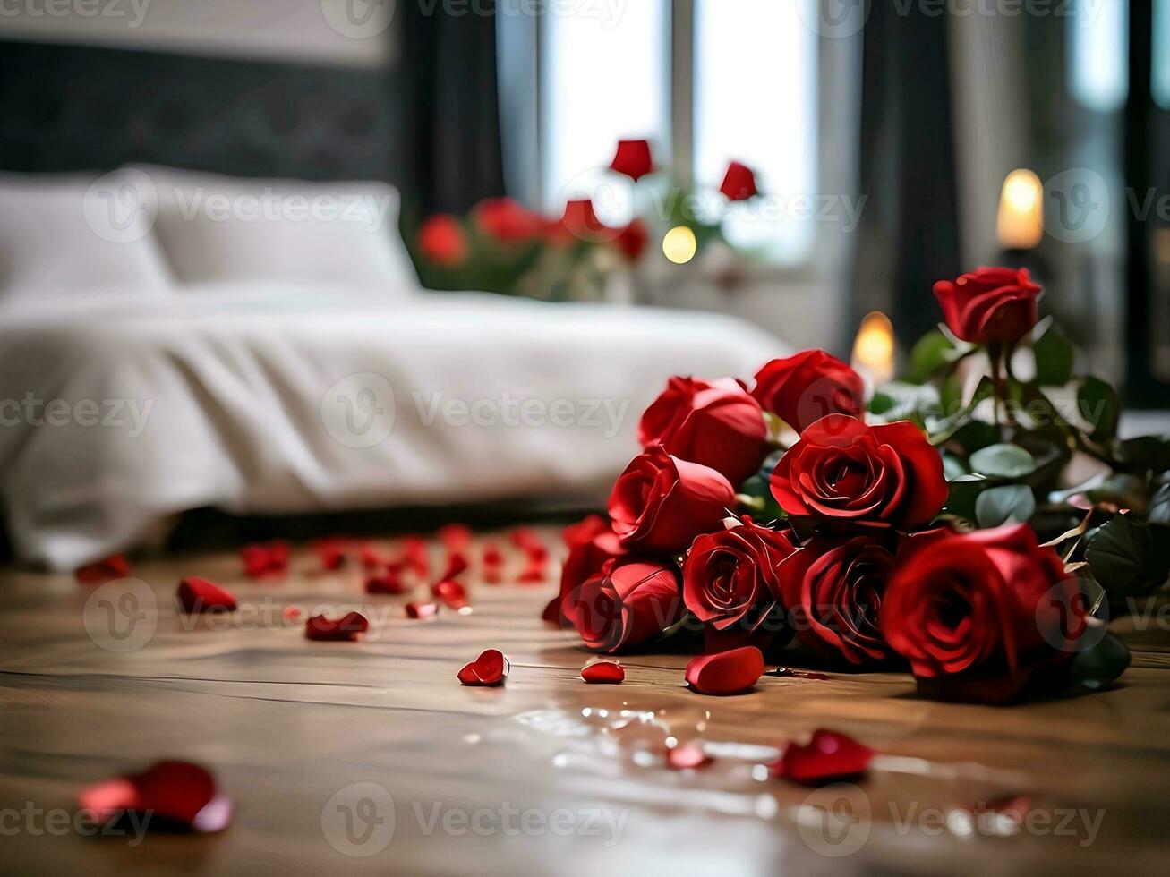 AI generated close-up detailed portrait of roses on the floor with a blurry bed in the background photo