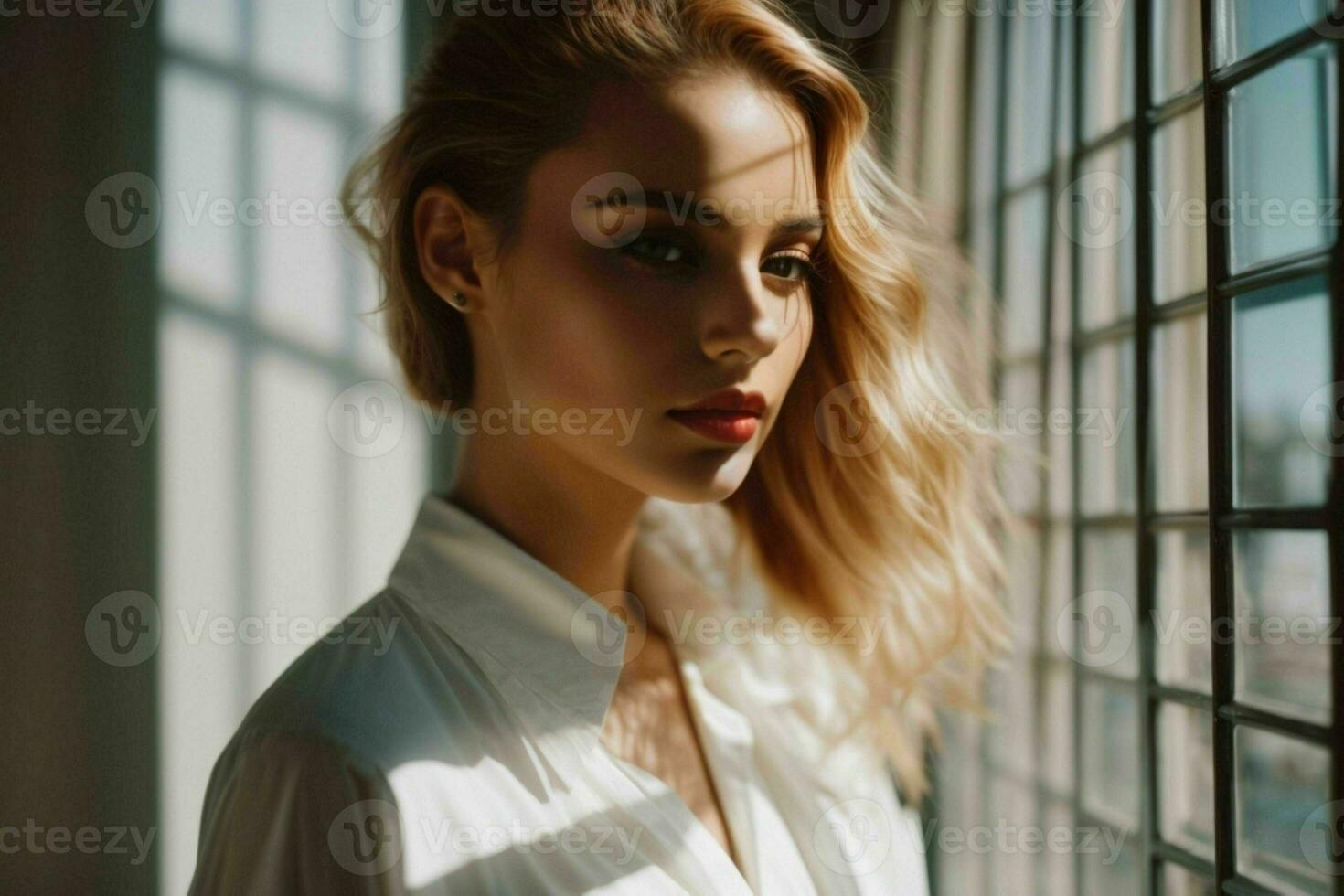 AI generated Stunning beautiful young woman with high contrast shadow and fashionable style photo