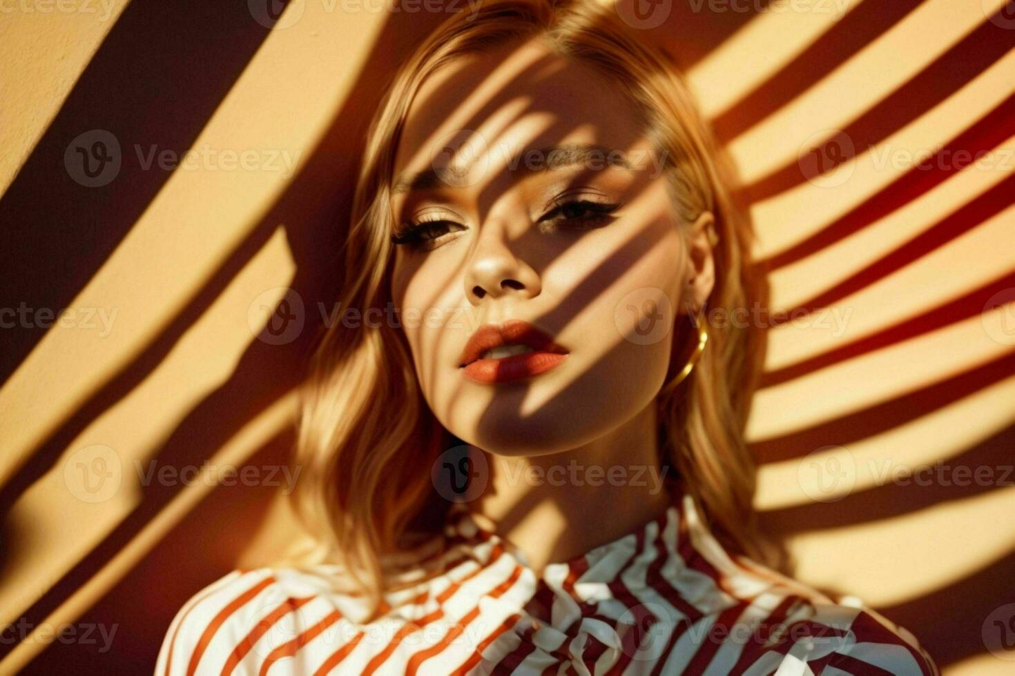 AI generated Stunning beautiful young woman with high contrast shadow and fashionable style photo